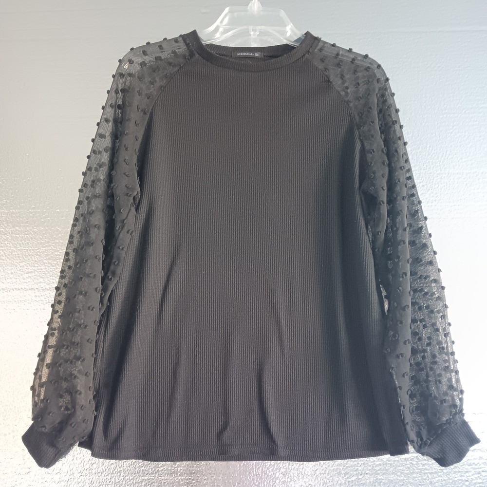 Miholl Women's Black Top With Sheer Long Polka Dot Sleeves & Ribbed Size M